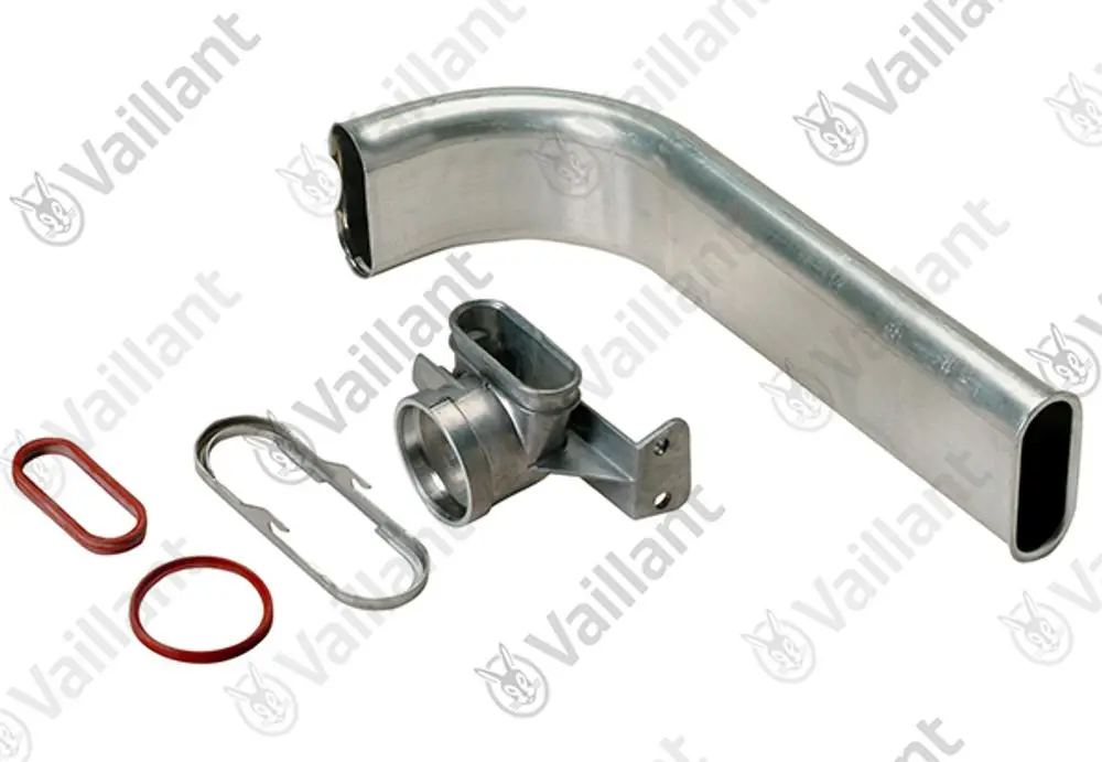 Vaillant Abgasrohr und Zubehörteile, bestehend aus einem gebogenen Metallrohr, einer Anschlussplatte und Dichtungsringen in Rot, auf weißem Hintergrund.